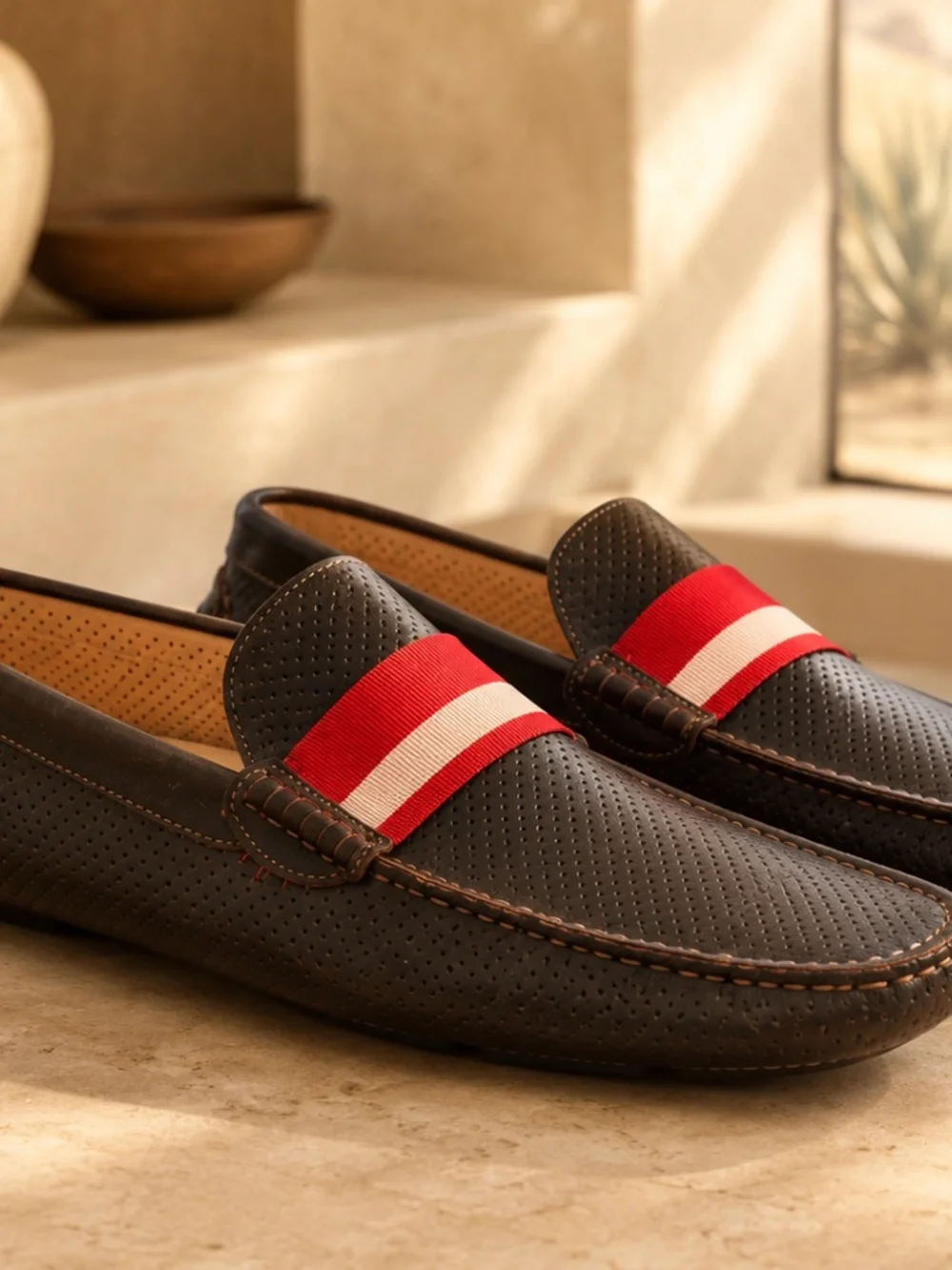 Bugatchi Dark Brown Perforated Leather Driving Loafers Men’s 11.5 Stripe